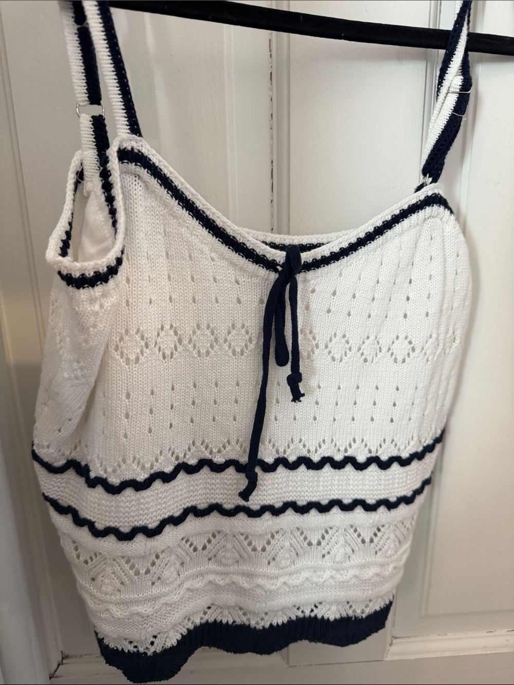 New Vintage Havana White Knit Tank Top with Navy Trim - Women Tops